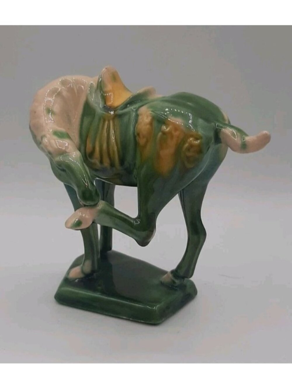 Vintage Chinese Tang Dynasty Style Drip Glaze Green War Horses Figure 1980
